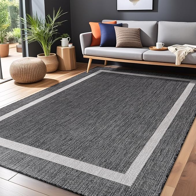 Bordered Outdoor Rug 8x10 Washable Outside Carpet for Indoor Patio Porch Waterproof Easy Cleaning Non Shedding Area Rugs Gray 8 x 10
