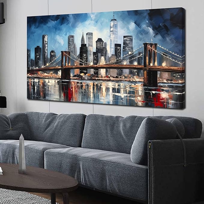 Brooklyn Bridge Wall Art for Bedroom,Modern City Large Canvas Wall Art Living Room,Blue Home Office Decor 29 x 59 Inch