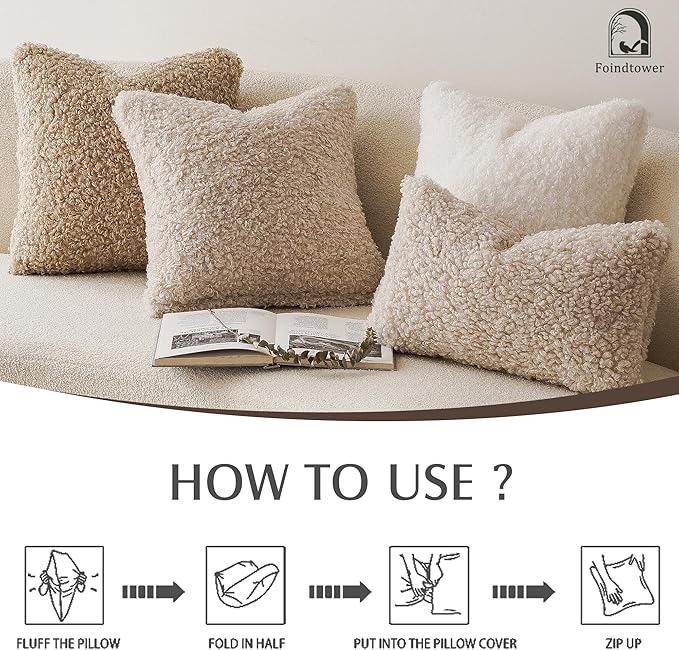 Foindtower 2 Pieces 24x24 Inch Light Khaki, 100% Polyester Throw Pillow Cover Accent Sherpa Pillow Fuzzy Soft Pillowcases Sheepskin Decorative Fleece Cushion Case for Bed Couch Living Room