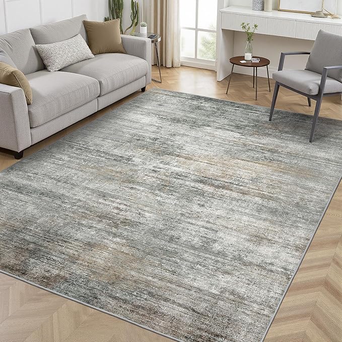 Area Rugs 9x12 for Living Room Bedroom, Modern Abstract Machine Washable Rug, Large Soft Low Pile Floor Cover with Non Slip Backing for Dining Room, Ash Gray Brown