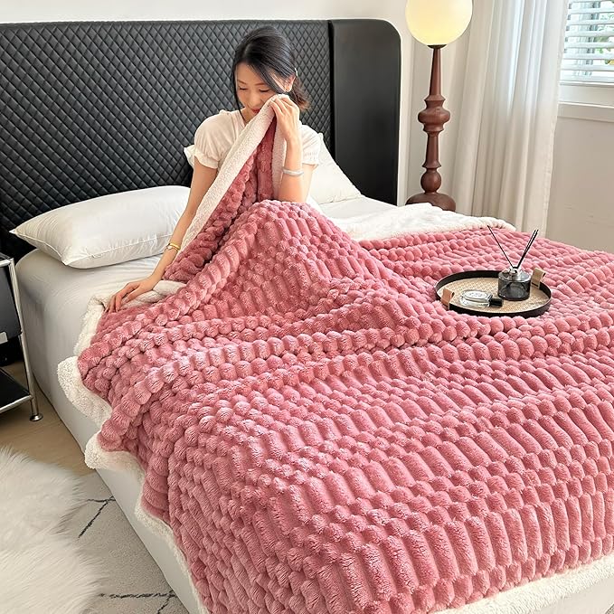 UKELER Pink Sherpa Throw Blanket 60 × 80 inch, 470 GSM Striped Sherpa Fleece Blankets for All Season, Warm and Cozy Blanket for Couch Sofa Bed Office Camping