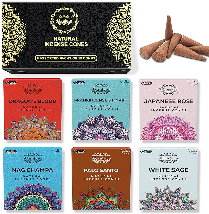 Raajsee Natural Incense Cones,6 Pack Mixed Scents Gift Pack 15 pc Each (90 Total), Insense Cones Variety Pack, 100% Organic Non Toxic Natural - Hand Rolled Free from Chemicals (Pack 2)