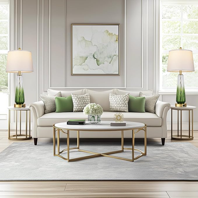 Glass Table Lamps Set of 2, Modern Bedside Lamps for Bedrooms with USB A+C Ports, 3-Way Dimmable Touch Control Nightstand Lamp with White Linen Shade, 27.5" Large Lamps for Living Room Decor, Green