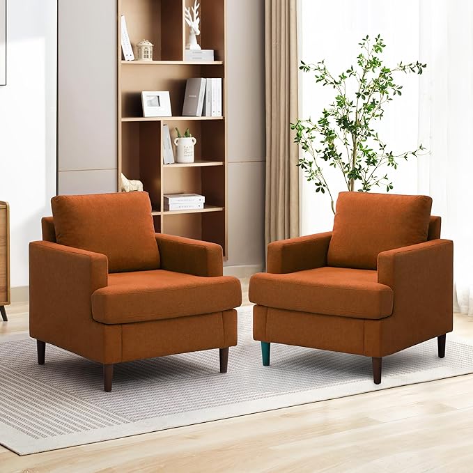 Mid-Century Accent Chair,Modern Linen Fabric Armchair for Living Room,Comfy Upholstered Reading Accent Chairs for Bedroom,Single Sofa Chair with Wood Legs (Orange, 2 Pack)