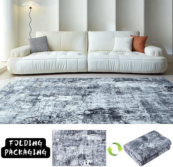 Rugcomf Area Rug 5x7 Washable Rug Boho Soft Abstract Pattern Non-Slip Faux Wool Vintage for Living Room, Bedroom, Farmhouse, Dining Room, Kids Playroom, Grey and Black