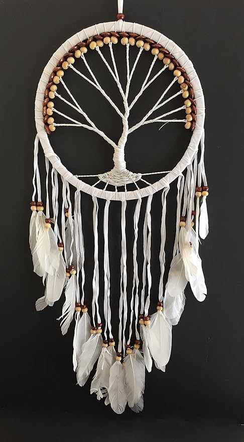OMA Dream Catcher, Tree of Life Design with Feathers and Beads, White Suede Authentic Traditional Dream Catcher Boho Home Decor Bedroom Decoration Gift - Large Size - 36" Long x 11" Diameter (Brown)