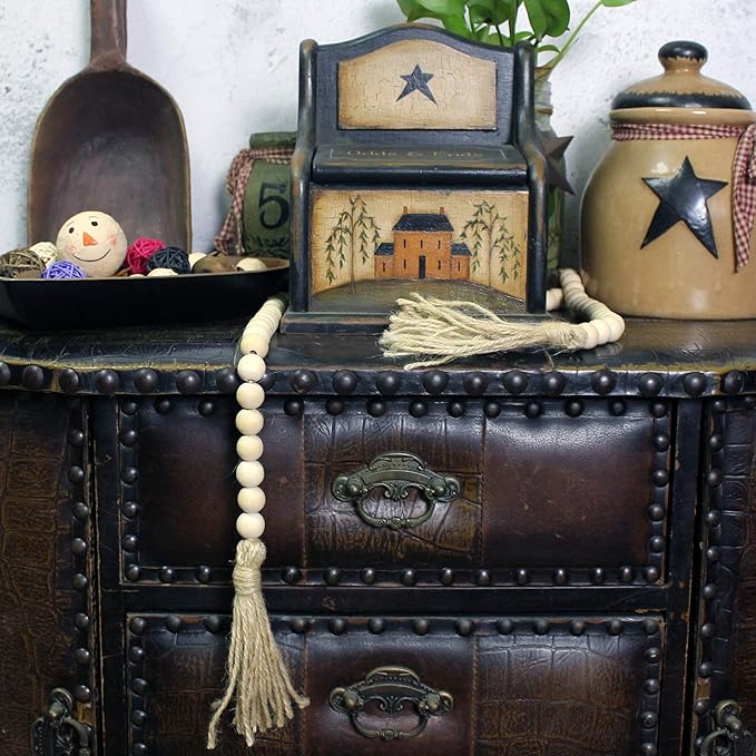 CVHOMEDECO. Wood Beads Garland with Tassels Farmhouse Rustic Wooden Prayer Bead String Wall Hanging Accent for Home Festival Decor. Natural