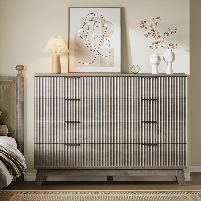 53" Tall Dresser for Bedroom, 8-Drawer Fluted Chest of Drawers, Modern Wood Highboy with Metal Slides and Handles, Anti-Tip Kit, Vertical Clothes Storage Organizer for Apartment, Closet