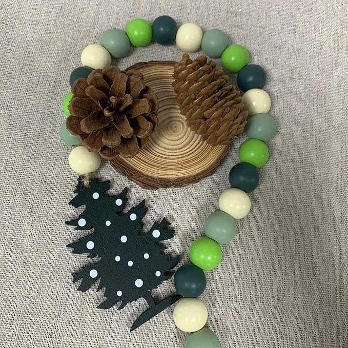 40" Handmade Farmhouse Bead Garland Wood with Tassel, Boho Chic Decorative String Beads Home Decor, Table Tiered Tray Country Wooden Accents (Christmas Evergreen Cheer, 0.63" Diameter)