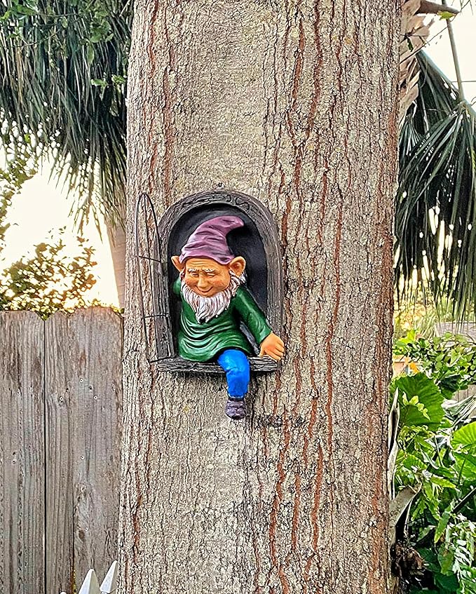 Elenon Gnome Tree Faces Garden Decor, 13inch Elf Out The Window Statue Outdoor Decorations, Tree Hugger Fairy Whimsical Peeker Sculpture Yard Patio Art