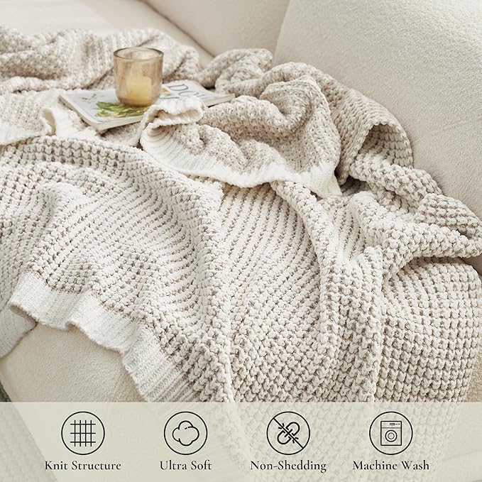 Amélie Home Chenille Waffle Throw Blanket for Couch, Reversible Pineapple Stitch Knit Soft Cozy Knit Blanket Lightweight Warm Decorative Throw for Sofa, Bed, Living Room, 60"x80", Beige&Ivory