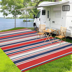 Outdoor Patio Rug 9x12 Stain-Resistant Reversible Camping Mat, Modern Striped Outdoor Plastic Straw Rug, Waterproof Outside Carpet, Easy to Clean for RV, Porch, Deck, Balcony, Red Blue White