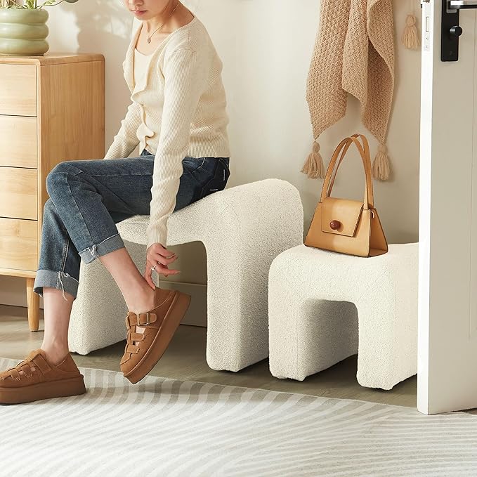 Small Footstool Ottoman Vanity Stool Chair Seating Backless Modern Foot Rest Teddy Velvet Ottoman Set for Makeup Room Living Room Bedroom Entryway,White (2-in-1)
