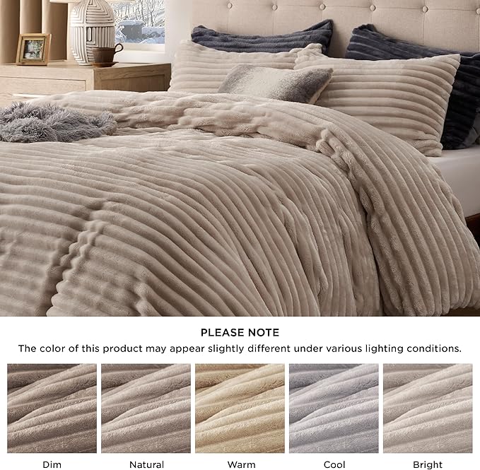 Bedsure Fluffy Duvet Cover Set - Ultra Soft Plush Shaggy Comforter Cover King Size, Warm Flannel Fleece Bed Sets for Winter, 3 Pieces (Striped Pattern, Khaki)