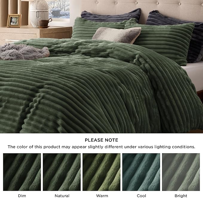 Bedsure Fluffy Duvet Cover Set - Ultra Soft Plush Shaggy Comforter Cover King Size, Warm Flannel Fleece Bed Sets for Winter, 3 Pieces (Striped Pattern, Green)
