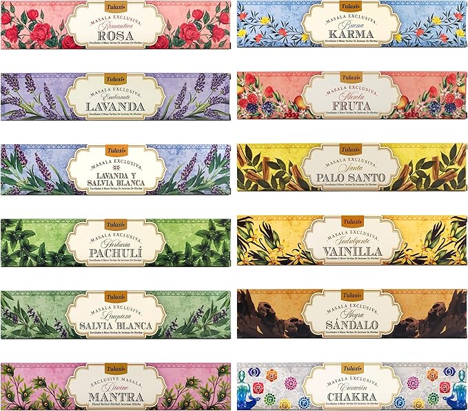Tulasi Incense Sticks Set of 12 Scents (180 Sticks) Variety Natural Fragrances - Lavender, White Sage, Patchouli, Rose, Chakra, Mantra, Sandalwood, Palo Santo, Fruit for Meditation & Positive Vibes