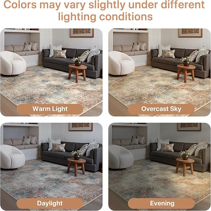 GENIMO Washable Area Rugs for Living Room, 9x12 Modern Non Slip Rugs, Low Pile Lightweight Soft Print Rug for Bedroom, Dining Room, Home Office, Multi