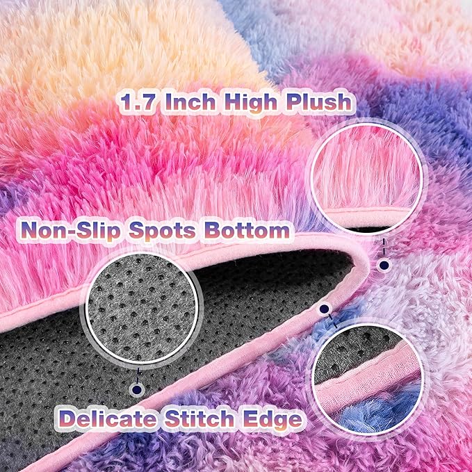 9x12 Large Area Rugs for Living Room, Ultra Fluffy Plush Rug for Living Room Bedroom, Thick Fluffy Carpet for Girls Boys Kids Room, Non Slip Dorm Rug for Home Decor Aesthetic, Dark Rainbow