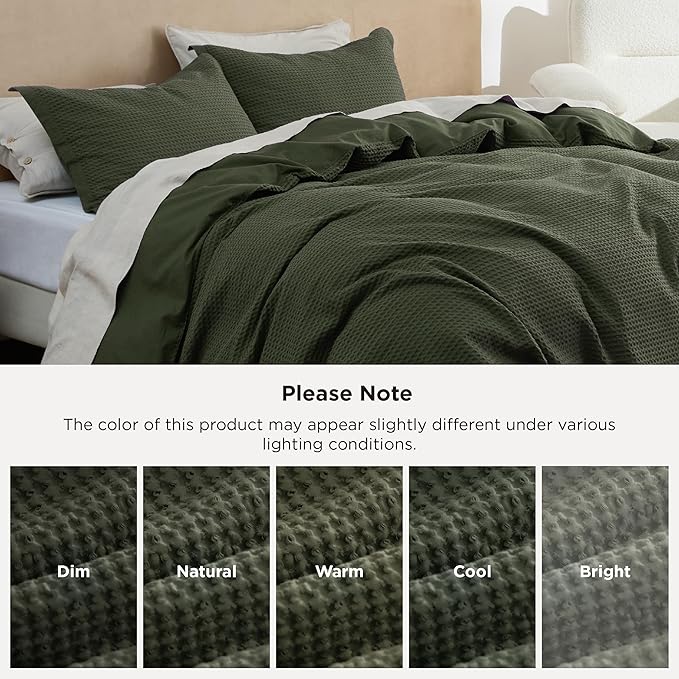 Bedsure Cotton Duvet Cover Set - 100% Cotton Waffle Weave Olive Green Duvet Cover Oversized Queen Size, GentleSoft™ and Breathable Bedding Set for All Season, 3 Pieces, 98"x98"