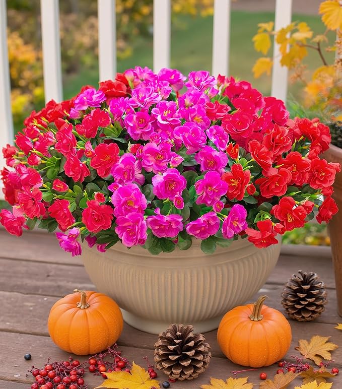 Ivydale Artificial Faux Outdoor Flowers Plants for Fall Decor, Fake Silk Colorful Camellia UV Resistant Look Real for Planter Outside Porch Patio Balcony Garden Yard Home Decoration, 3 Large Bundles