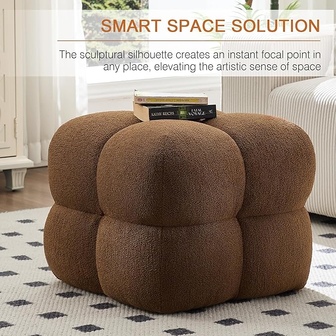 Zesthouse Square Pouf Ottoman Footstool, Modern Ottoman Coffee Table for Living Room, Poofy Boucle Stool Foot Rest, Upholstered Tufted Stool for Couch, Cube Makeup Vanity Chair Backless, Brown Reddish