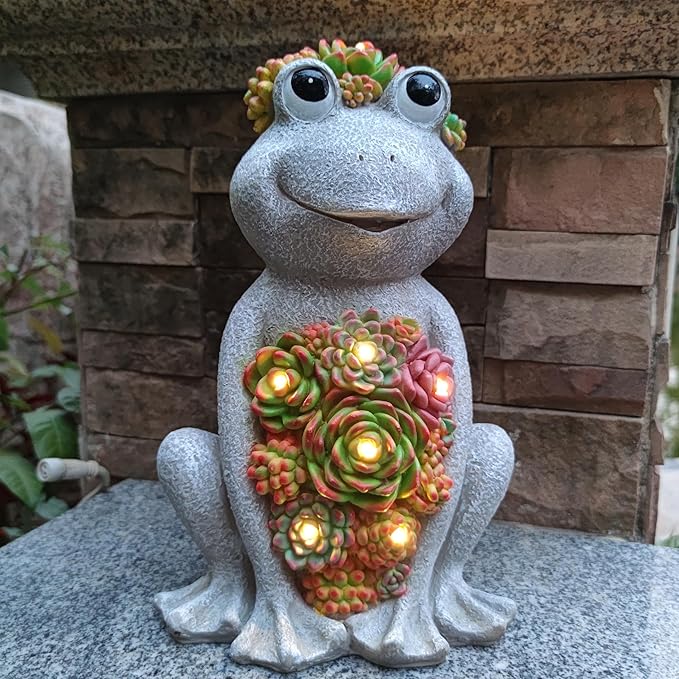 Large Frog Solar Garden Outdoor Statues with Succulent and 8 LED Lights,Outside Solar Frog Art Decor for Lawn,Yard, Balcony Ornament