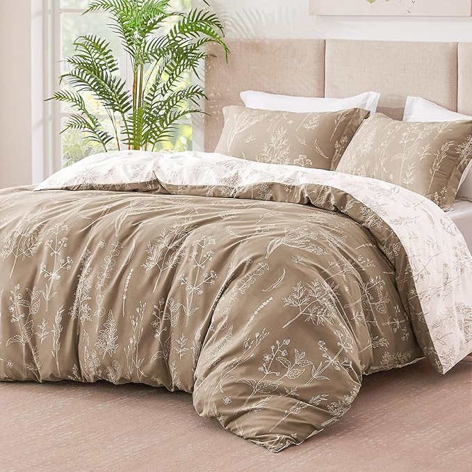 Love's cabin Light Taupe Comforter Set King - King Size Comforter Set, 3 Pieces Cute Floral Bedding Sets for All Seasons,1 Soft Reversible Botanical Flowers Comforter and 2 Pillow Shams