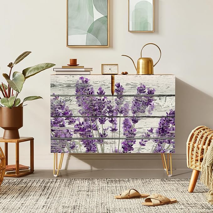 SIGNWIN Sideboard Buffet Cabinet, Kitchen Storage Cabinet with 2 Doors, Wood Panel Lavender Flowers, Cupboard Console Table for Dining Room - 35" L x 18" W x 29" H