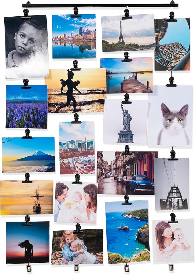 You Have Space 2 Pack Hanging Picture Display Photo Holders with Metal Cable Strings and 40 Magnetic Clips Metal Black