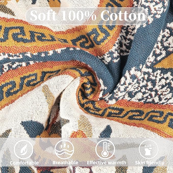 Boho Throw Blanket for Bed - 100% Pure Cotton Ultra Soft Rustic Quilt - Farmhouse Decor Bed Blankets, All Season Rustic Throw for Sofa Couch Chair(91''x 98'', Floral)
