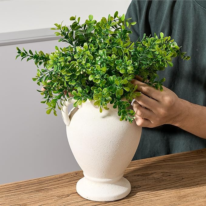 Ceramic Rustic Flower Vase with Handles, 8.46 Inch Tall Vintage Pottery Home Decor, Farmhouse Terracotta Vase for Living Room, Table, Shelf, Mantel Decoration, Farmhouse- White