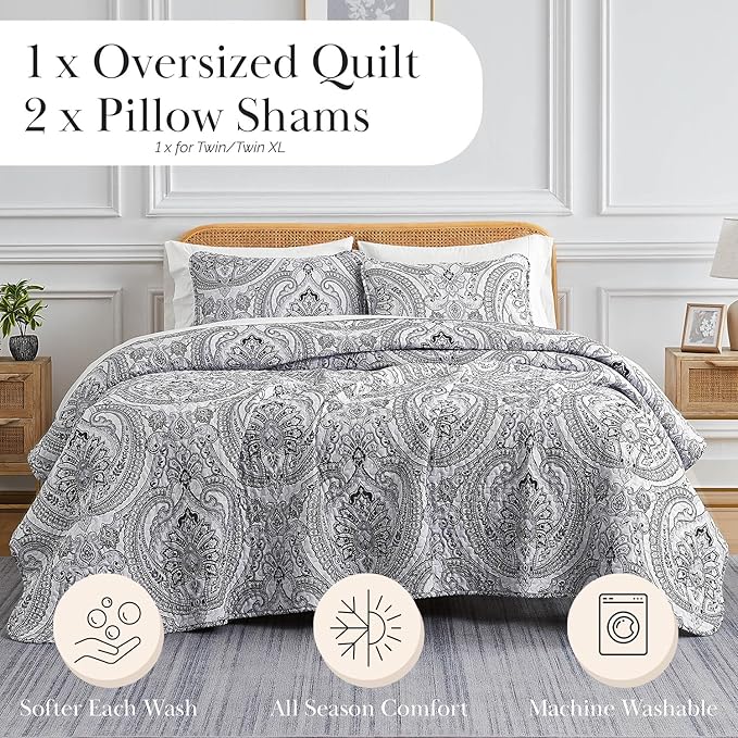 Southshore Fine Living, Inc. Farmhouse Bedding Quilt Set, Twin XL Coverlet, Oversized Quilt, Summer Coverlet, Lightweight Bedspread 2-Piece Set with One Matching Pillow Sham, Twin/XL Quilts, Black