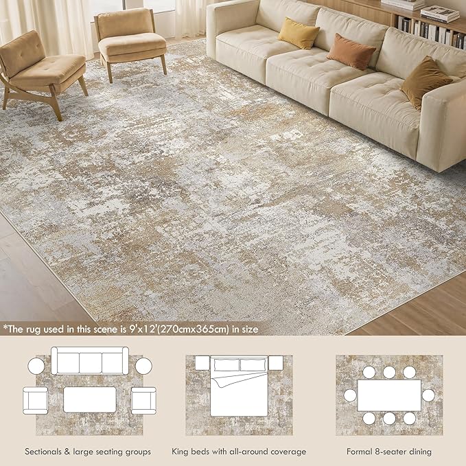 Tortania Washable 9x12 Area Rug for Living Room: Modern Abstract Neutral Large Soft Thin Rugs - Non Slip Indoor Carpet for Bedroom Dining Room Office Nursery Home Floor Decoration - Brown Grey
