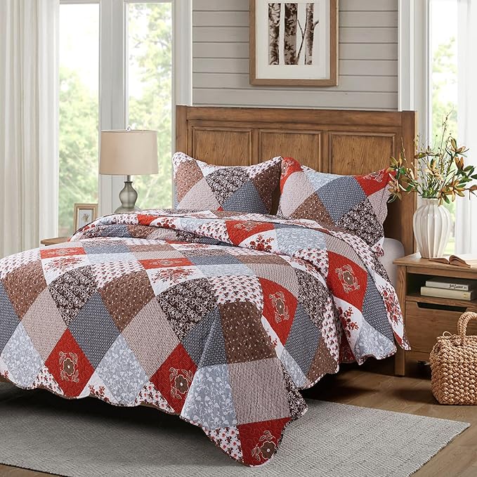 Travan Floral Printed Quilt Sets 3-Piece Super Soft Lightweight Queen Size Bedspread with Shams Reversible Quilted Bedding Set, Red, Queen