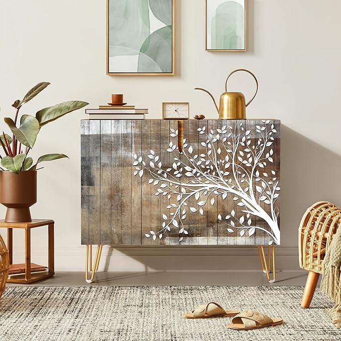 SIGNWIN Sideboard Buffet Cabinet, Kitchen Storage Cabinet with 2 Doors, Mid-Century Tree Silhouetten, Cupboard Console Table for Dining Room - 35" L x 18" W x 29" H