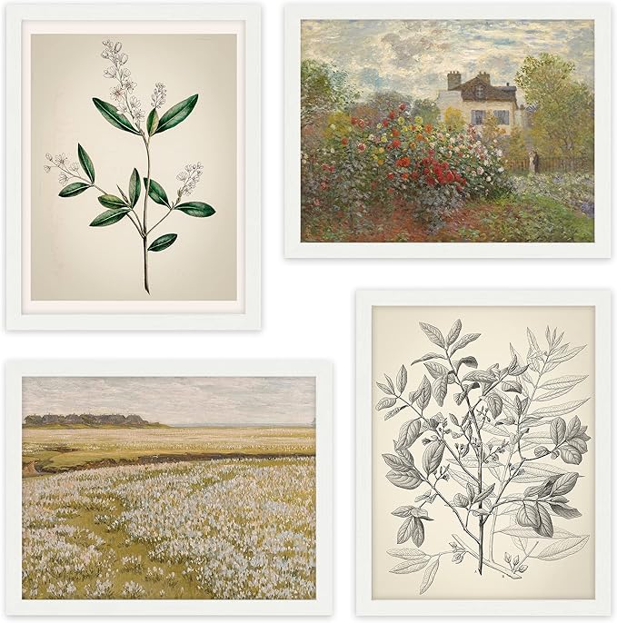 SIGNWIN Framed Poster Bathroom Decor 8"x10"x 4 White, Wall Art Room Decor Multicolor for Living Room, Bedroom, Office Autumn Spring Rustic Flower Landscape Classic Vintage Retro Illustrations