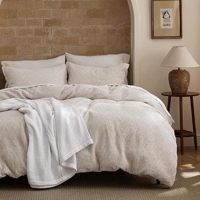Bedsure Waffle Duvet Cover King - 100% Cotton Duvet Cover Linen Color, Space-Dyed for Enhanced Bedroom Aesthetics, GentleSoft™ and Stylish All-Season, 3-Piece Bedding Set with Button Closure, 104"x90"