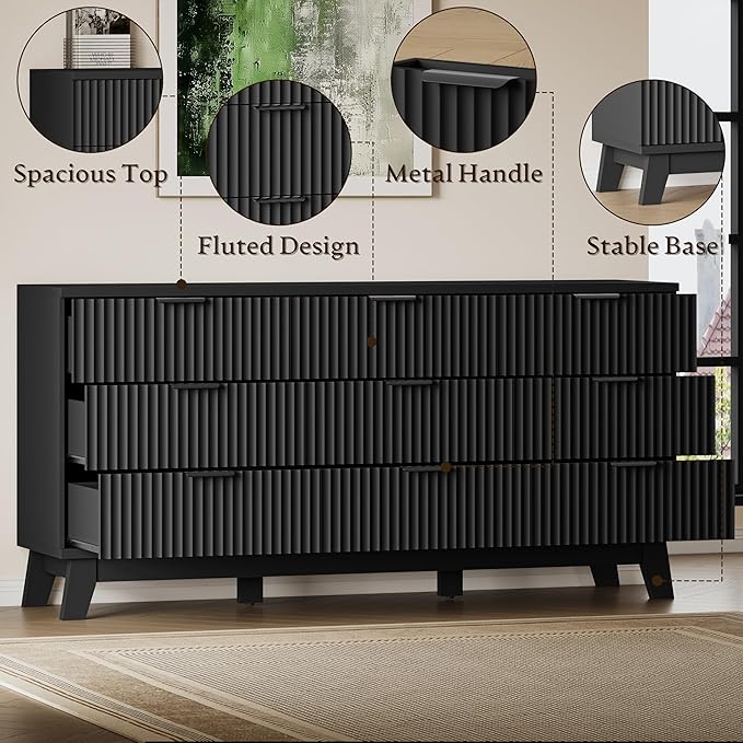 63" Long Dresser for Bedroom, 9-Drawer Fluted Dresser, Extra-Wide Wood Chest of Drawers with Smooth Metal Slides, Stable Base, Modern Clothes Storage Cabinet for Living Room, Hallway, Nursery