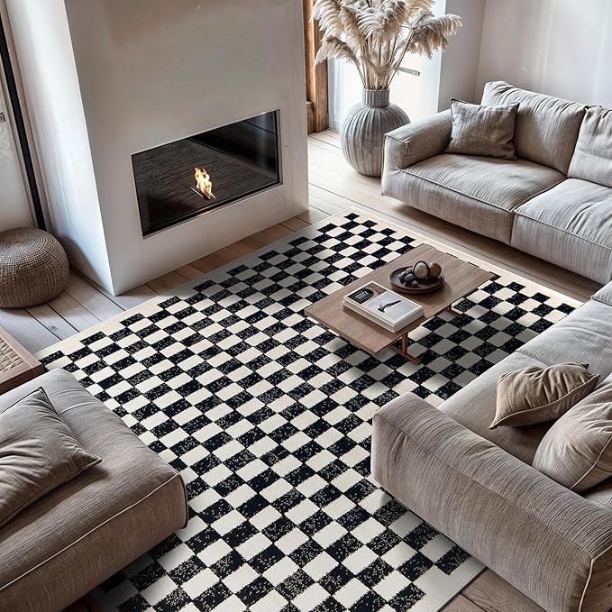 Rugshop Black and White Checkered Area Rug – High-Contrast Grid Pattern Carpet for Living Room, Bedroom, or Dorm – Trendy Contemporary Soft Floor Décor 7' 10" x 10' Black