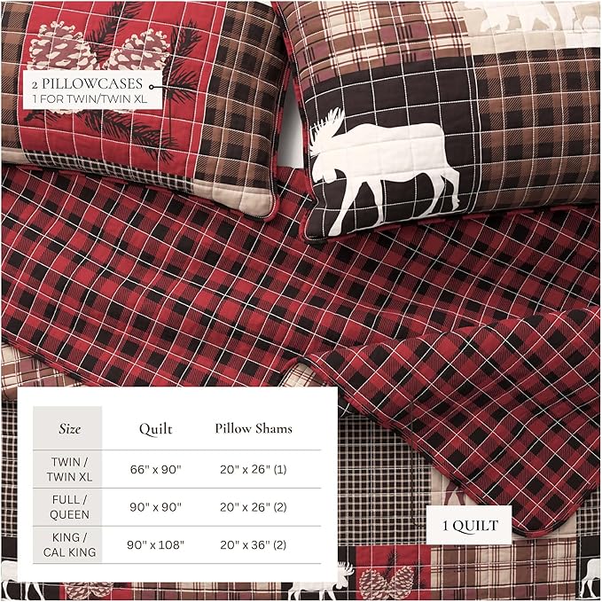 Great Bay Home Rustic Cabin Twin Size Quilt Set with Shams - All-Season, Lightweight, Reversible Bedspread - Lodge-Themed Summer Bedding Sets (Twin/Twin XL, Hemlock Red/Brown)