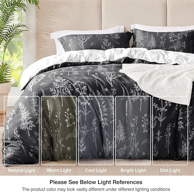 Love's cabin King Size Comforter Set Black - King Comforter Set, 3 Pieces Cute Floral Bedding Sets for All Seasons,1 Soft Reversible Botanical Flowers Comforter and 2 Pillow Shams