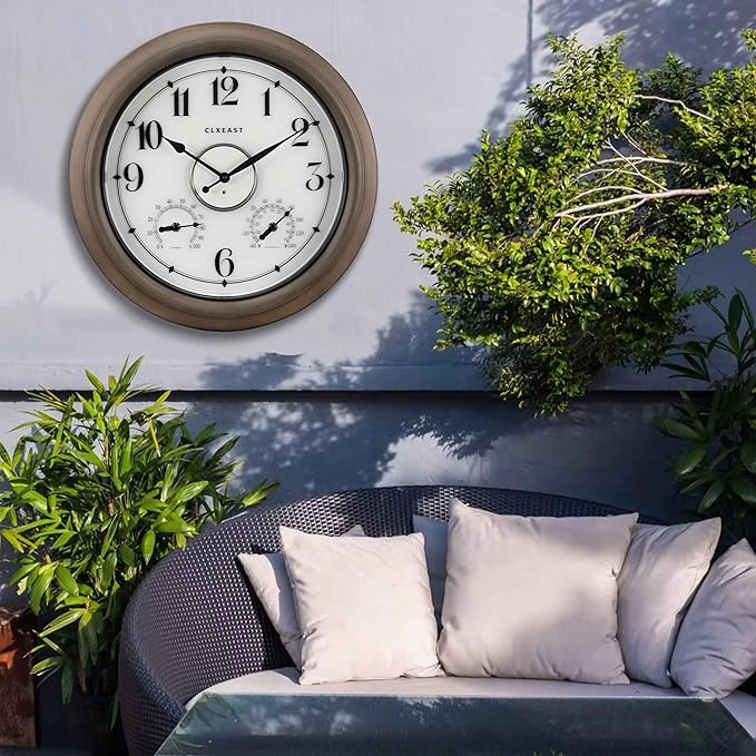 CLXEAST Illuminated Outdoor Clocks Waterproof 18 Inch with Smart Sensor,Large Outdoor Pool Clock with Temperature & Hygrometer,Grey Oak/Faux Barnwood,House Warming Gifts New Home