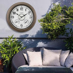 CLXEAST Illuminated Outdoor Clocks Waterproof 18 Inch with Smart Sensor,Large Outdoor Pool Clock with Temperature & Hygrometer,Grey Oak/Faux Barnwood,House Warming Gifts New Home