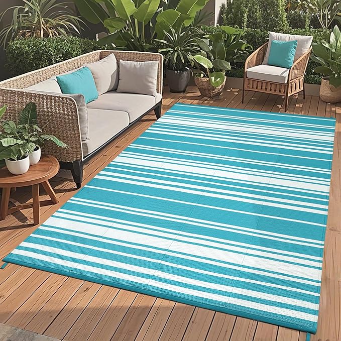 Waterproof Outdoor Rug 8x10 Contemporary Reversible Plastic Straw Rug, Easy Cleaning Striped Patio Carpet, UV-Resistant Indoor Outdoor Floor Cover for RV, Porch, Deck, Backyard, Light Blue