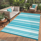 Waterproof Outdoor Rug 8x10 Contemporary Reversible Plastic Straw Rug, Easy Cleaning Striped Patio Carpet, UV-Resistant Indoor Outdoor Floor Cover for RV, Porch, Deck, Backyard, Light Blue