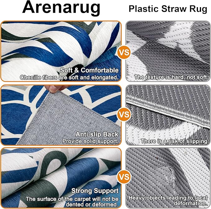 Indoor Outdoor Area Rug Washable Multicolored Patio Rug Tropical Botanical Modern Floral Indoor Outdoor Carpet Blue White Rug Non Slip for Patio, Deck, Backyard, Porch (9x12)