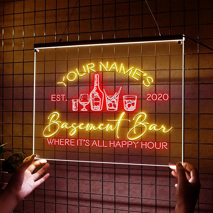 Personalized Basement Bar LED Neon Sign, Custom Name Happy Hour Acrylic Wall Light for Home Bar & Man Cave Decor