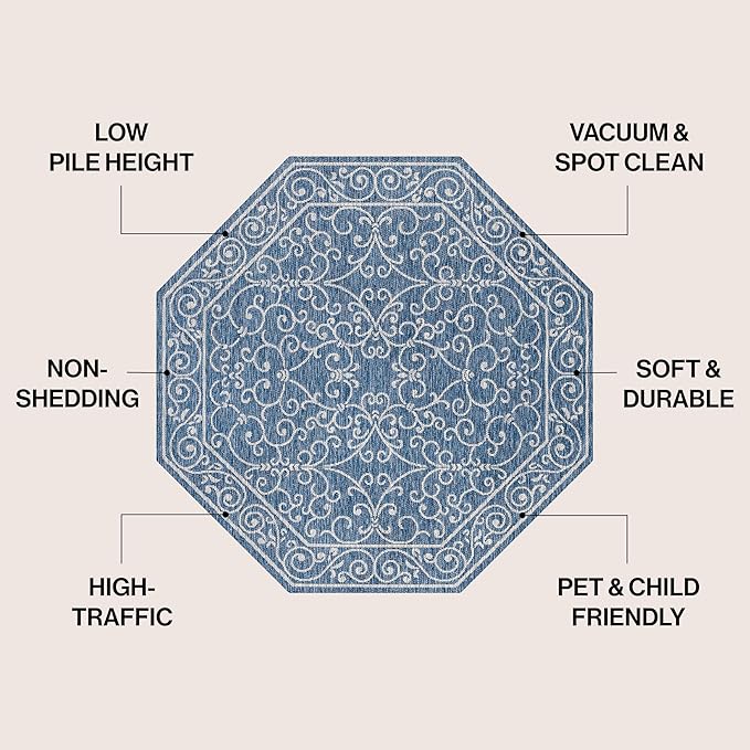 JONATHAN Y Vintage Filigree Indoor Outdoor Octagon Area Rug 8 Ft Navy/Gray, Charleston Textured Weave for Backyard, Patio, Porch, Easy-Cleaning, High Traffic, Pet-Friendly, Non-Shedding (SMB106D-8TGN)