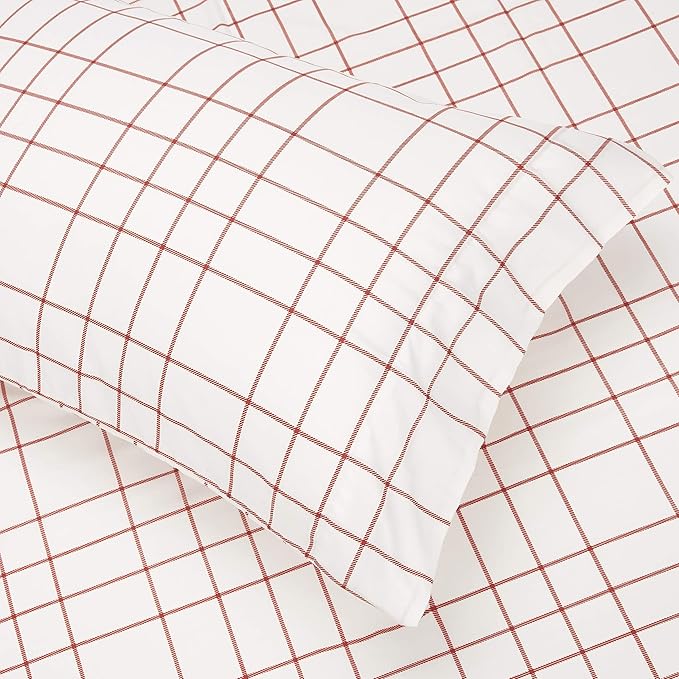 Amazon Basics Full/Queen Comforter Set with Plaid, Striped Sheets, 7-Piece Red Simple Stripe Bedding, Lightweight Microfiber Bed-in-a-Bag