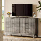 Fluted Dresser with 6 Drawers, 54" Wide Modern Chest of Drawers with Metal Handle, Wooden Dresser TV Stand, Wood Closet Clothes Storage Organizer for Bedroom, Living Room, Hallway, Light Grey